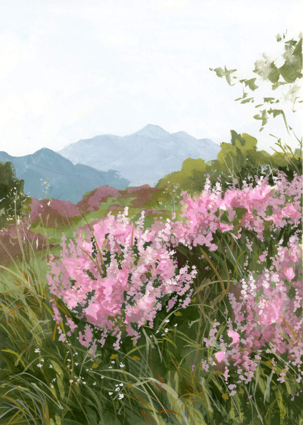 Blossoms in the Breeze – Digital Gouache Print, Mountain Landscape Wall Art