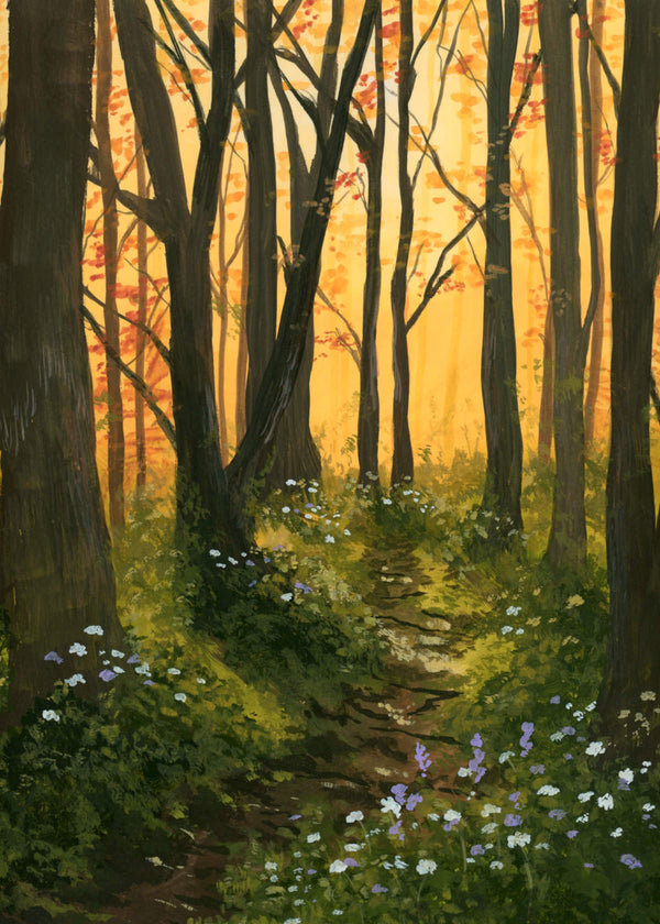 Golden Woodland Path – Digital Gouache Print, Forest Wall Art