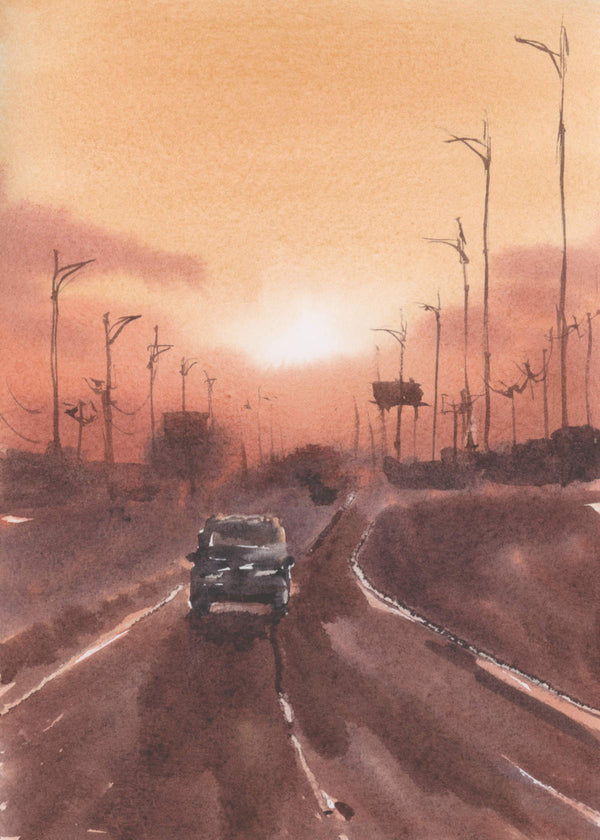 Evening Commute – Digital Watercolour Print, Sunset Wall Art