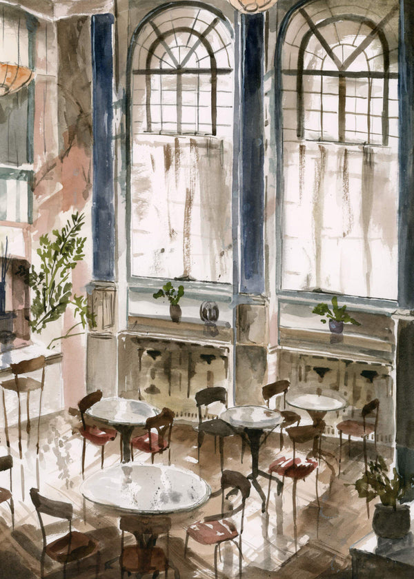 Sunlit Café Windows – Digital Watercolour Print